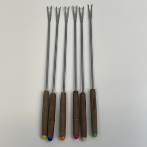6 Vintage Brown Wood Handle Fondue Forks Color Coded Stainless Steal Mid Century 10.25&quot;