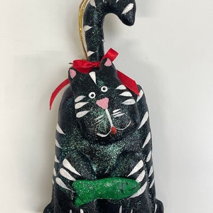 Cat Christmas Ornament Handmade Black Glitter Fabric Folk Art Primitive Pet Kitty NEW