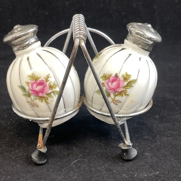 Vintage Rose Floral Round Ball Salt and Pepper Shakers w Stand Cottage Decor