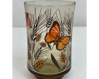 Vintage Libbey Juice Glass Monarch Butterfly Wheat Pattern Amber 3.75" Brown