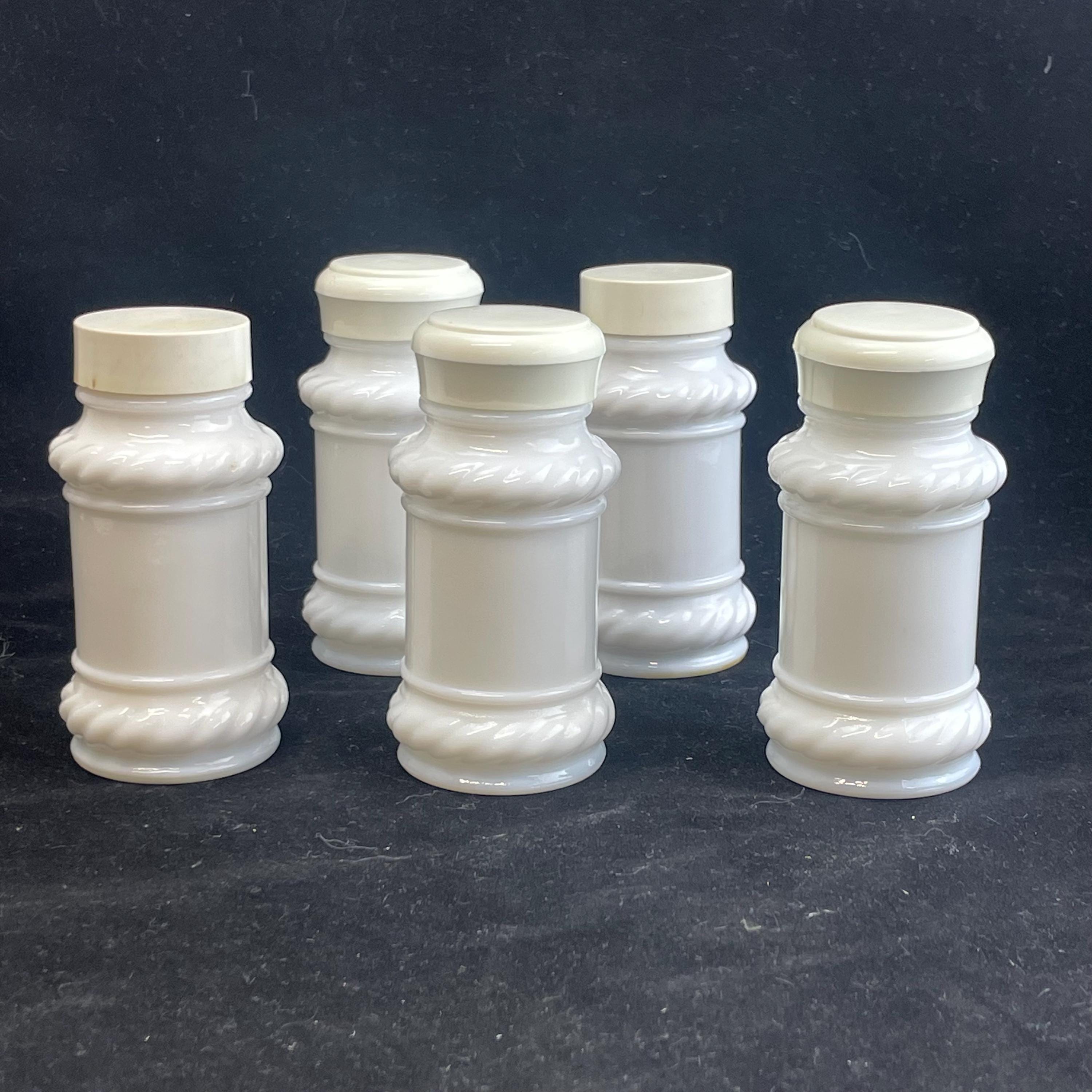 ヴィンテージ ホワイト ミルク ガラス スパイス ジャー 蓋付き 5 個