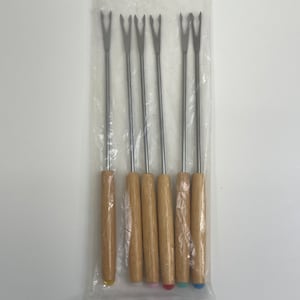 6 Vintage NEW Tan Wood Handle Fondue Forks Color Coded Stainless Steal Mid Century 8.5&quot;