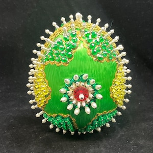 Vintage Beaded Sequins Jewel Green Satin Large Push Pin Handmade Christmas Egg Ornament MCM