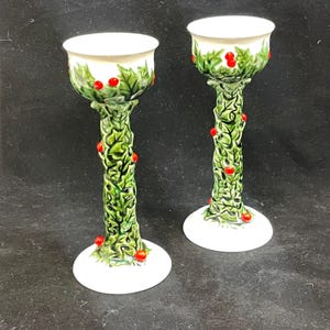 2 Vintage Lefton White Holly Berry Candlesticks Candle Tealight Holder Set 1827