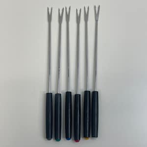 6 Vintage Black Handle Fondue Forks Color Coded Stainless Steal Mid Century 9.5&quot;