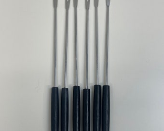 6 Tenedores de fondue vintage con mango negro, de acero inoxidable, codificados por colores, de mediados de siglo, de 9.5"