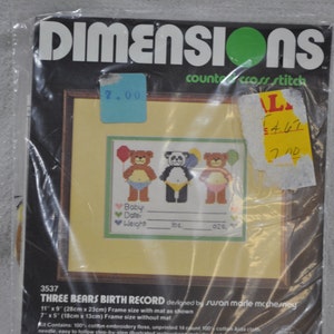 Vintage Dimensions Counted Cross Stitch Three Bears Baby Birth Record Kit-3537 Personalized 7&quot; x 5&quot; 1982