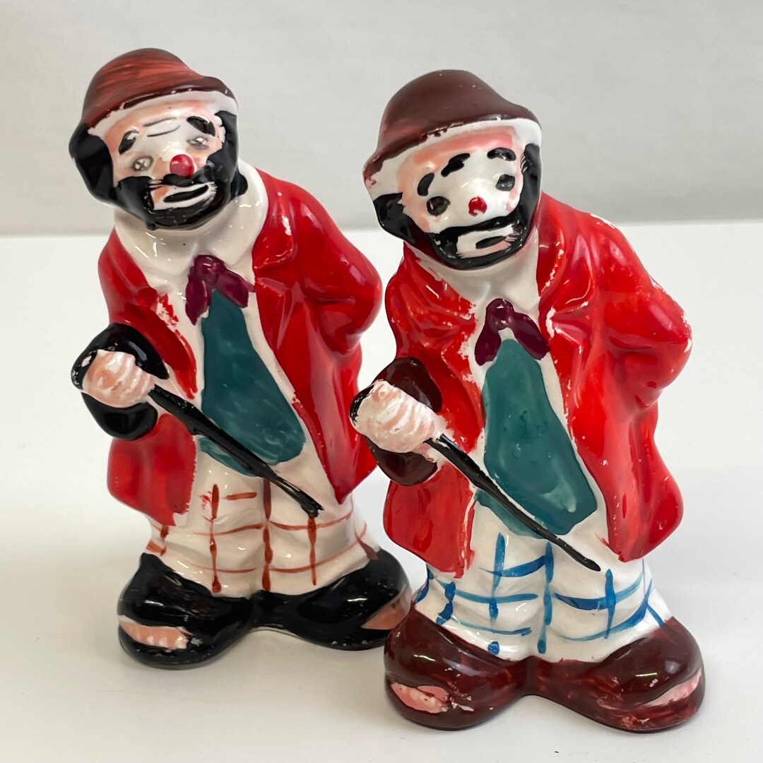 Vintage Hobo Creepy Clown Circus Salt and Pepper Shakers Japan W Corks