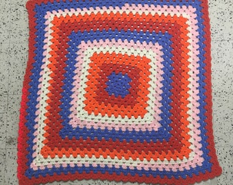 Crochet Afghan Granny Square Handmade Small Throw Lap Baby Blanket Orange Blue 32" x 32"