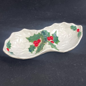 Vintage Lefton Ceramic White Holly Berry Serving Divided Candy Nut Dish Relish 6058