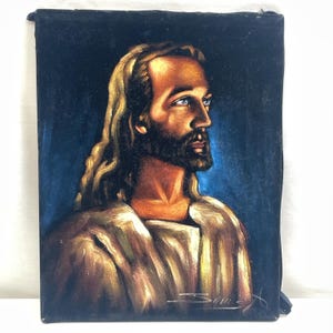 Vintage Black Velvet Painting JESUS Carved Wood Framed Signed 14” x 11” Unframed