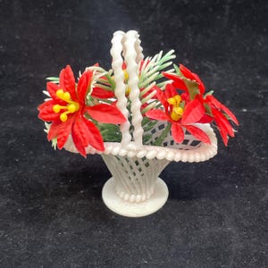 Vintage Poinsettia Flowers White Basket Plastic Christmas Ornament Decor MCM