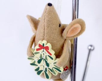 Christmas Mistletoe Mouse - Handmade Felt Ornament
