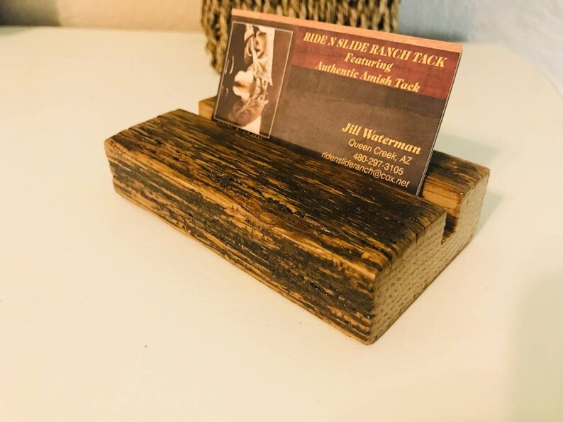 Business Card Holder Desk Reclaimed Wood Stand Gift Coworker