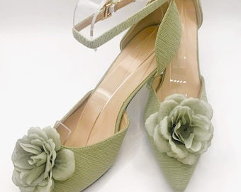 Stunning Sage Green Flower Embellished Bridal Wedding Shoes in a Soft Fabric Finish