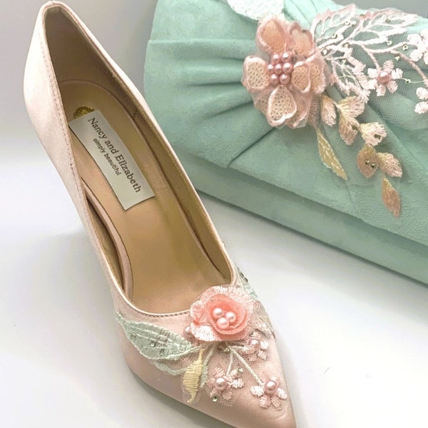 Stunning Hand Finished Dusty Dusky Pink and Mint Sage Green Mix with Pink Pearl Satin Bridal Wedding Shoes & Co-ordinating Clutch Bag