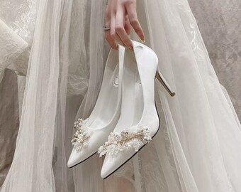 Simply Beautiful Delicately Embellished White Satin Bridal Shoes