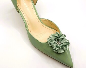 Stunning Sage Green Embellished Bridal Wedding Shoes in a Patent Shine Finish