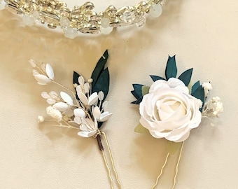 Simply Beautiful Dried Baby's Breath Gypsophila, Eucalyptus with Silk Flowers and Pearl Gold Bridal Hair Pin Set for Wedding