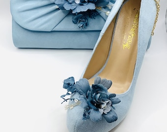 Stunning Baby Blue Powder Blue Dusty Dusky Blue Flower and Pearl Embellished Bridal Wedding Shoes & Co-ordinating Clutch Bag with Gold Chain