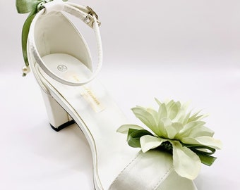 Stunning Ivory Satin Wedding Sandals with Sage Green Flower, Sage Green Ribbon and Pearls.  Block Heels, Open Fronted with Ankle Strap.