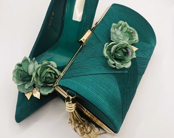 Stunning Hand Finished Emerald Green, Moss Green with Sage and Gold Shoes and Handbag Clutch Set