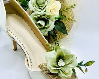 Stunning Hand Finished Ivory with Sage Green Khaki & Cream Flowers Shoes Hat Set
