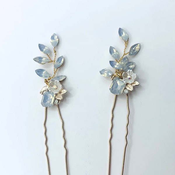 Beautiful Bridesmaid Dusky Soft Blue Opal with Gold and Diamante Wedding Flower Hair Pin