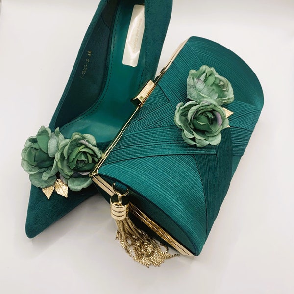 Stunning Hand Finished Emerald Green, Moss Green with Sage and Gold Shoes and Handbag Clutch Set