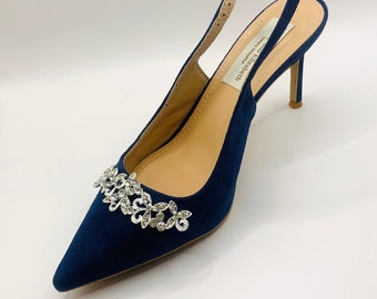 Stunning Hand Finished Navy Blue Diamanté Wedding Bridal Shoes
