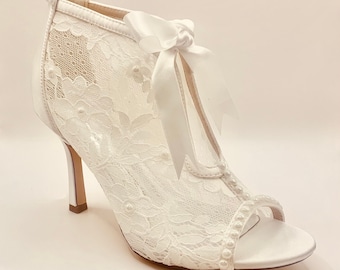 Simply Beautiful Satin with Lace and Pearl Ribbon Tie Victorian Vintage Wedding Bridal Shoe Ankle Boots