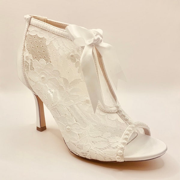 Simply Beautiful White Satin with Lace and Pearl Ribbon Tie Victorian Vintage Wedding Bridal Shoe Ankle Boots
