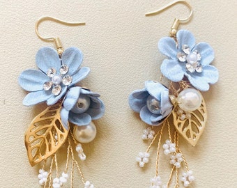 Powder Blue Flower Earrings: Gold Pearl Diamante Wedding Jewelry