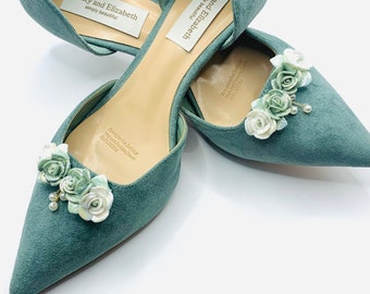 Stunning Sage Green Embellished Bridal Wedding Shoes in a Soft Suede Style Finish and Kitten Heel