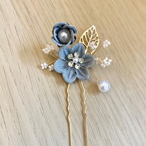 Beautiful Bridesmaid Dusky Blue with Gold Pearl and Diamante Wedding Flower Hair Pin