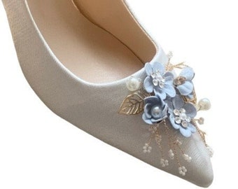 Simply Beautiful Hand Finished Ivory Satin with Powder Blue Flowers Bridal Shoes