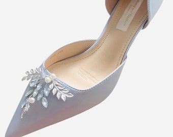 Stunning Hand Finished Light Blue Satin with Blue Opal, Silver and Pearl Wedding Bridal Shoes