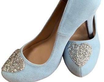 Stunning Hand Finished Soft Suede Wedding Bridal Shoes with Silver Sequin Love Heart Embellishment