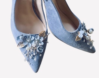 Stunning Hand Finished Powder Dusky Dusty Blue Diamanté Flower with Pearl Wedding Bridal Shoes - 6cm and 8cm Heel Height Options