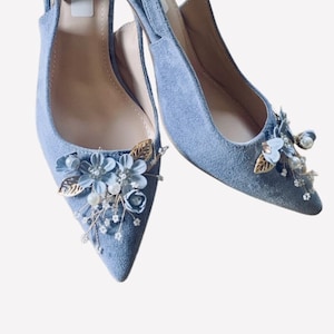 Stunning Hand Finished Powder Dusky Dusty Blue Diamanté Flower with Pearl Wedding Bridal Shoes