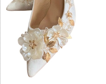 Simply Beautiful Hand Finished Flower, Pearl and Gemstone Embellished Satin Ivory Wedding Shoes