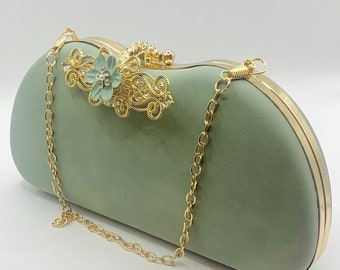 Stunning Sage Green Flower Embellished Bridal Wedding Clutch Bag with Gold Chain