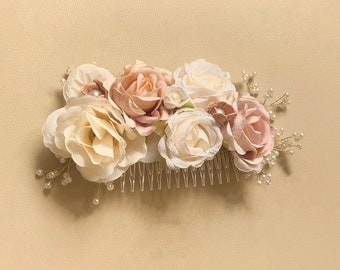 Beautiful Bridesmaid Dusky Dusty Pink Rose Pink and Cream Flowers with Gypsophila Pearls Bridal Hair Comb