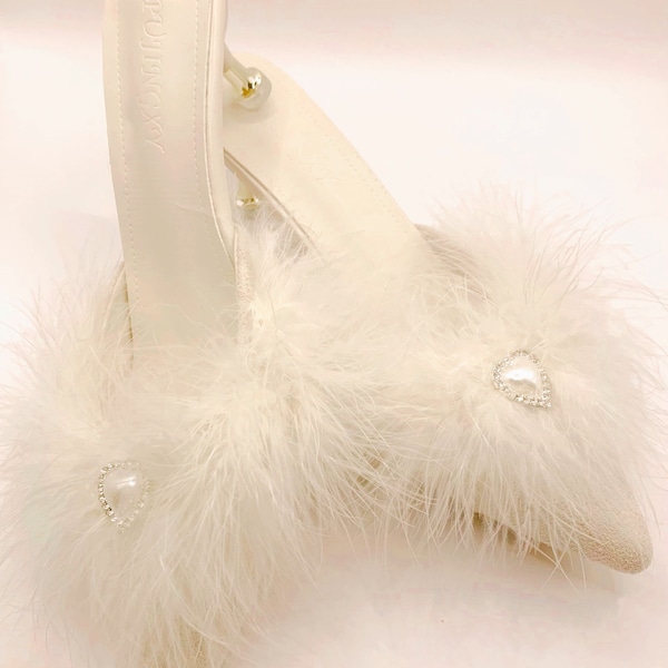Simply Beautiful Fluffy Ivory Beige with Pearl and Diamante Heart Bridal Slippers