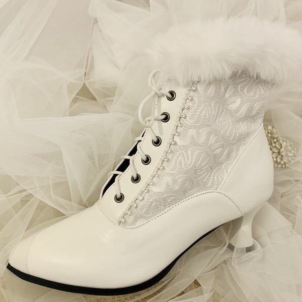 Simply Beautiful Ivory/White Lace Inset with Pearl and Diamante Victorian Vintage Bridal Boots