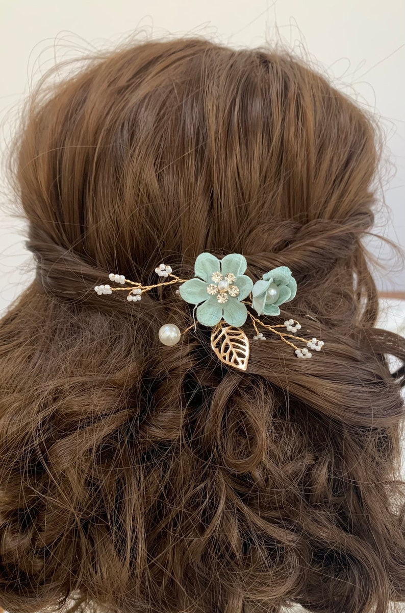 Beautiful Bridesmaid Soft Sage Green with Gold Pearl and Diamante Wedding Flower Hair Pin image 1