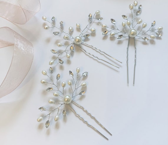 TOKKIHandmade  Pearl, Bead & Crystal Bridal Hair Pins- Silver - Set of 3 Crystal Bridal Hair Pins, Silver Hair Pins, Pearl Hair Clips  main image 3