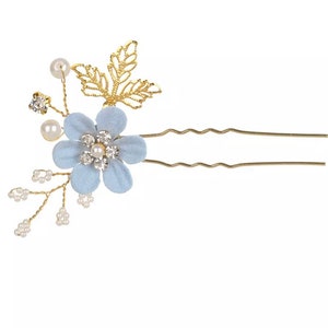 Beautiful Bridesmaid Powder Blue with Gold Pearl and Diamante Wedding Flower Hair Pin