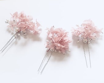 Beautiful Bridesmaid Dusky Dusty Pink Rose Pink Preserved Hydrangea Petal Bridal Hair Comb and Hairpins