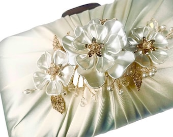 Simply Beautiful Hand Finished Flower, Pearl and Gemstone Embellished Satin Ivory Handbag with Gold Chain Strap